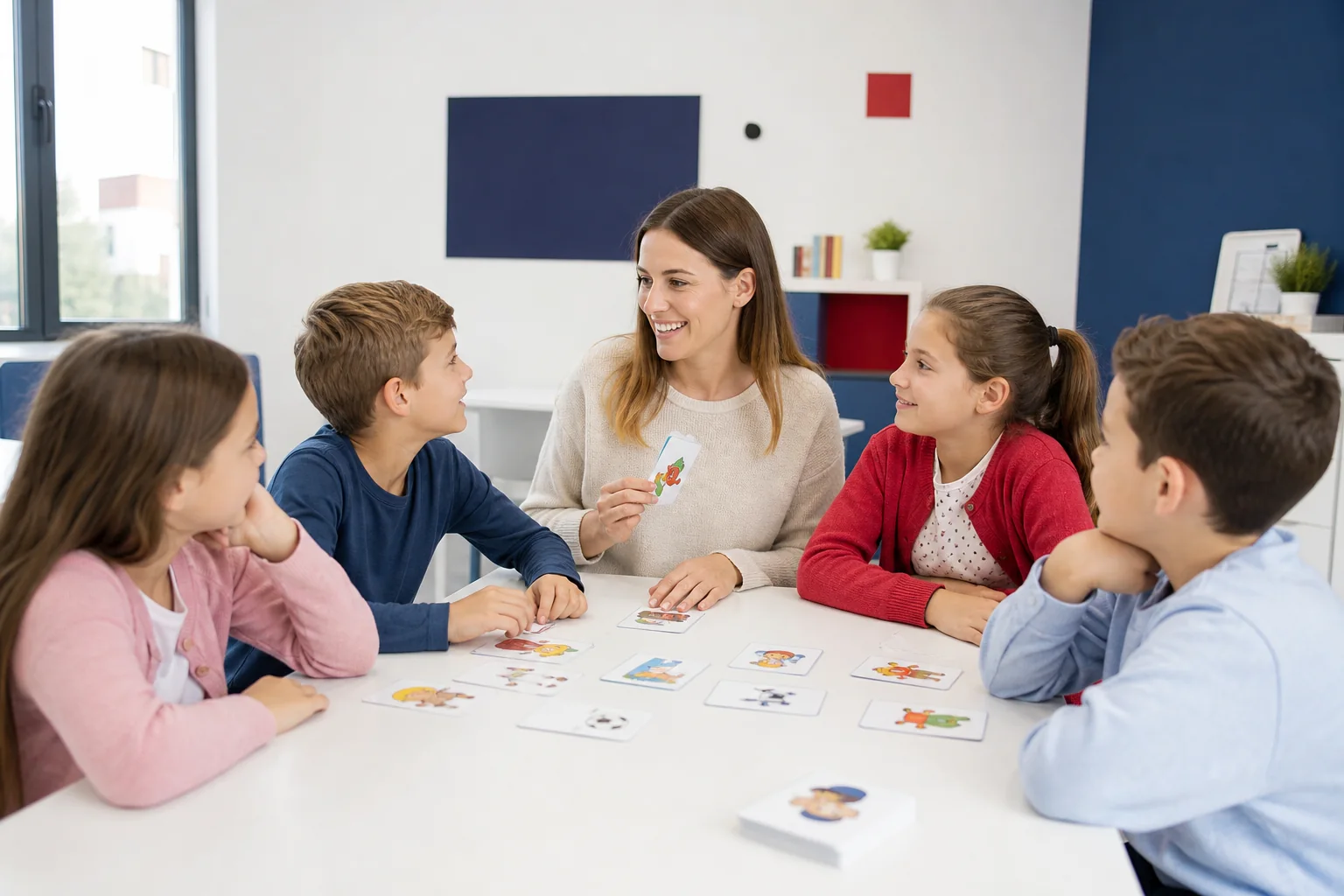 Profesora realizando una actividad comunicativa de inglés con alumnos de Primaria